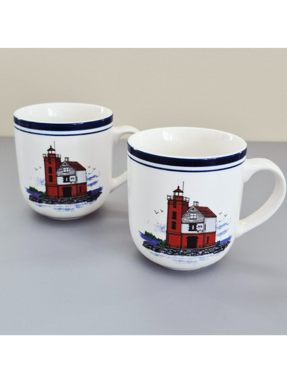 Libbey Lighthouse Coffee Mug Set of 2, Red, Blue & White Nautical Coffee Cups - Picture 2 of 10